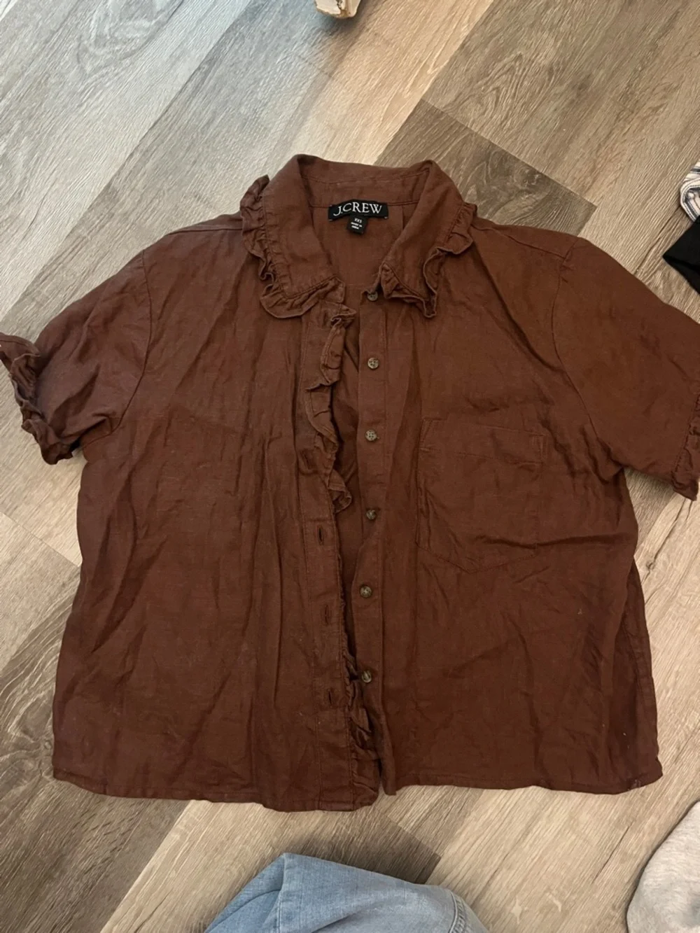 J. Crew Brown Ruffle-Trim Short Sleeve Linen Shirt - Picture 2 of 3